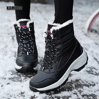 2019 Mulheres botas de Neve Impermeável Pai-Filho Inverno Botas de Pêlo Grosso Plataforma antiderrapante e Quente e Confortável Sapato Plus Size, 31-42