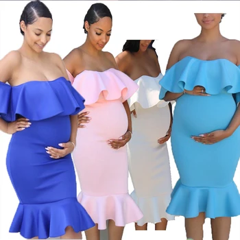 2022 Roupas femininas Gravidez Vestidos de Noite Sólido Babados Fora Do Ombro Vestido de Maternidade Fotografia Roupas de Verão