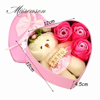 3pcs Rose Sabonete flor com ursinho em folha-de-Flandres Caixa de Presente 1set presente Para o Aniversário de Casamento, Dia dos Namorados Festa Amor bonito Presente