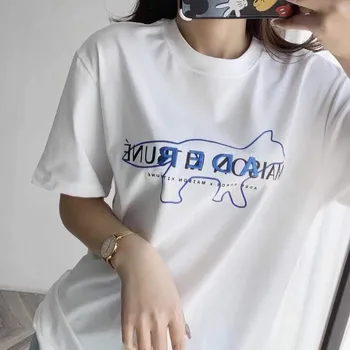 ADER ERRO de Marca de Moda Fox Linha Ocos Bordado T-shirt de Algodão Solto Versátil Gola Redonda Casal de Manga Curta