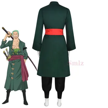 Anime Cosplay Roronoa Zoro Cosplay Traje Aldult verde escuro Trincheira calças cinto de Peruca Halloween Homens de Roupa Conjunto Completo