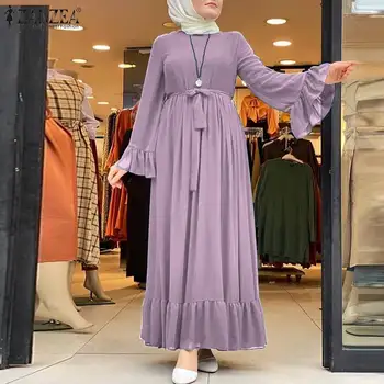 As mulheres Muçulmanas da Sundress ZANZEA Primavera Elegante Vestido Plissado Feminino Patchwork Maxi Vestidos Casuais Hijab Vestido de Manto