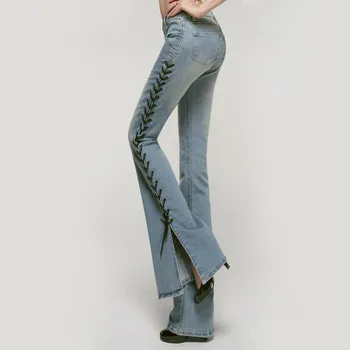 Autumn Vintage Stretch Jeans Flare Mulher Moda De Rua Dividir Boot Cut Calças De Streetwear Zip Slim Fit Calça De Algodão Feminino