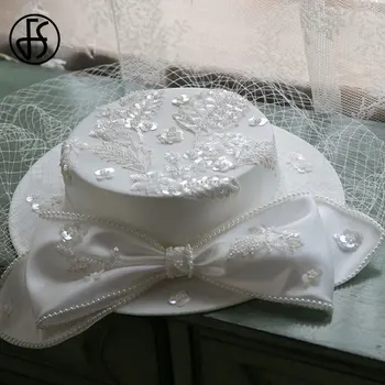FS Branco de Topo Plano Chapéus Para Mulheres 2021 Chapéus de Fedora do Casamento Elegante Igreja Chapéu de Sinamay Bowknot Véus de Aba Larga Kentucky Derby Hat