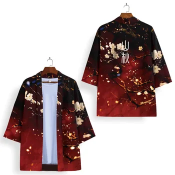 Harajuku Homens De Preto Phoenix Impressão Quimono Cosplay Japonês Estilo Streetwear Cardigan Conjunto De Shorts E Blusa Top Haori Obi