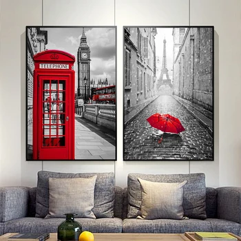 Londres, A Cidade Moderna De Telefone Vermelha Office Guarda-Chuva Vermelho Vermelho Carro De Impressão De Tela De Arte, Pintura, Cartaz, Decoração, Pintura De Parede