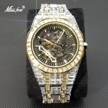 MISSFOX Gelado Fora Tourbillon Relógios Mecânicos Para Homens Luxo Total de Diamante Hip Hop Relógio Automático de Alta Qualidade à prova d'água Relógio