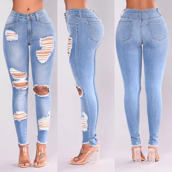 Moda Streetwear Luz Azul Mulher Lápis Calças Buraco Jeans Para Mulheres De Cintura Alta Jeans