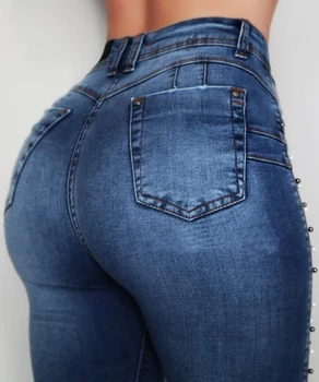 Mulheres de cintura alta jeans Slim, Skinny Elástico de Jeans, calças de brim de senhoras de calças Vintage Beading Push-Up Lápis calca Jeans inverno mãe Jeans