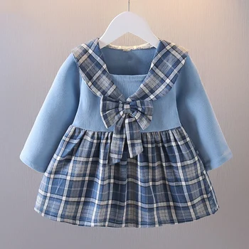 Novo Estilo de Colégio de Xadrez de Costura de manga Longa Vestido de Princesa Primavera, Outono, Roupas de Bebê Doce Menina Vestido