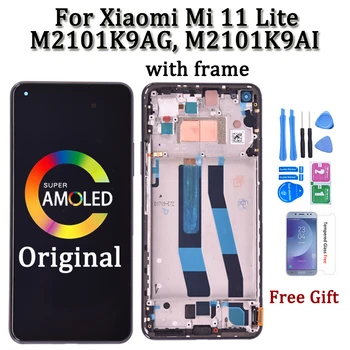 Original, Tela AMOLED Para Xiaomi MI 11 Lite Tela LCD Touch screen Digitalizador Substituição do conjunto M2101K9AG de Exibição
