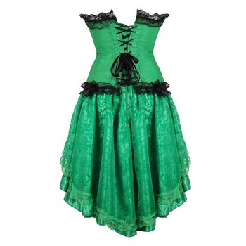 Verde Espartilho Vestido de Renda Vintage Espartilhos, com o Gótico Saia Floral Conjuntos de Poison Ivy Trajes Mulheres Plus Size Vestido Burlesco